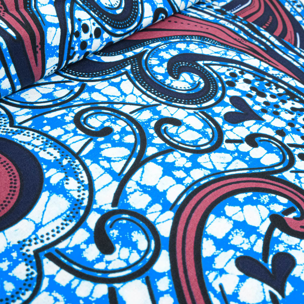 Tissu Wax Bleu Motif Rouge Bordeaux - Maison Klem